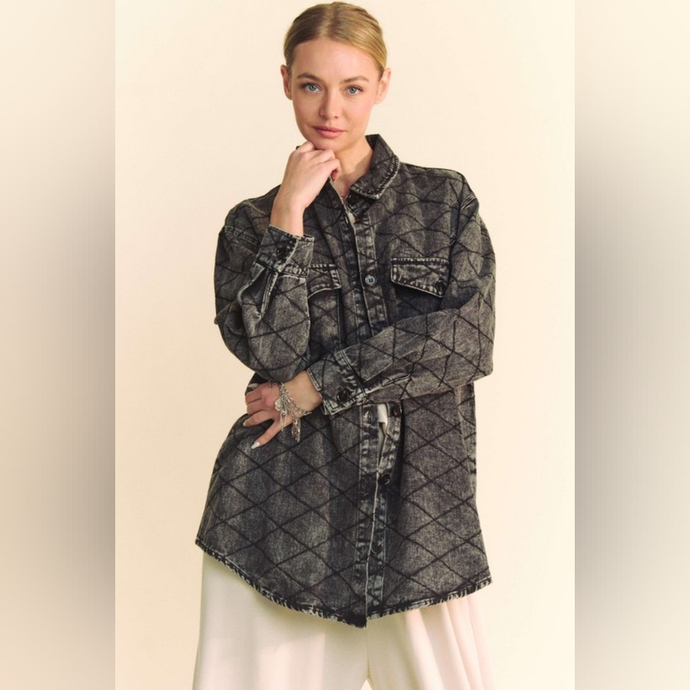 DAVI & DANI Denim Shacket Diamond Quilted High Low Oversized Jean Shirt Jacket